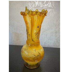 Vintage Hand Blown Amber Painted Glass Vase With Ruffled Rim & Floral Etching